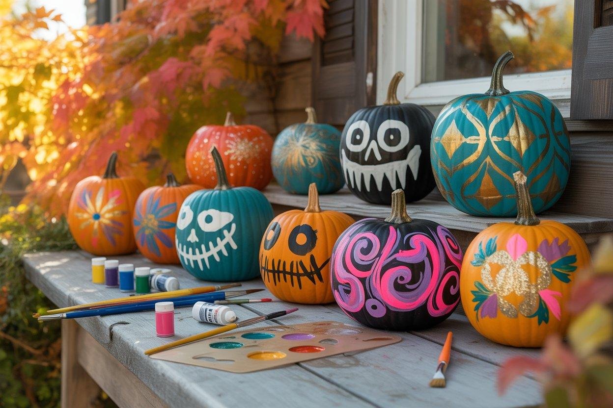 Vibrant autumn scene showcasing beautifully painted pumpkins